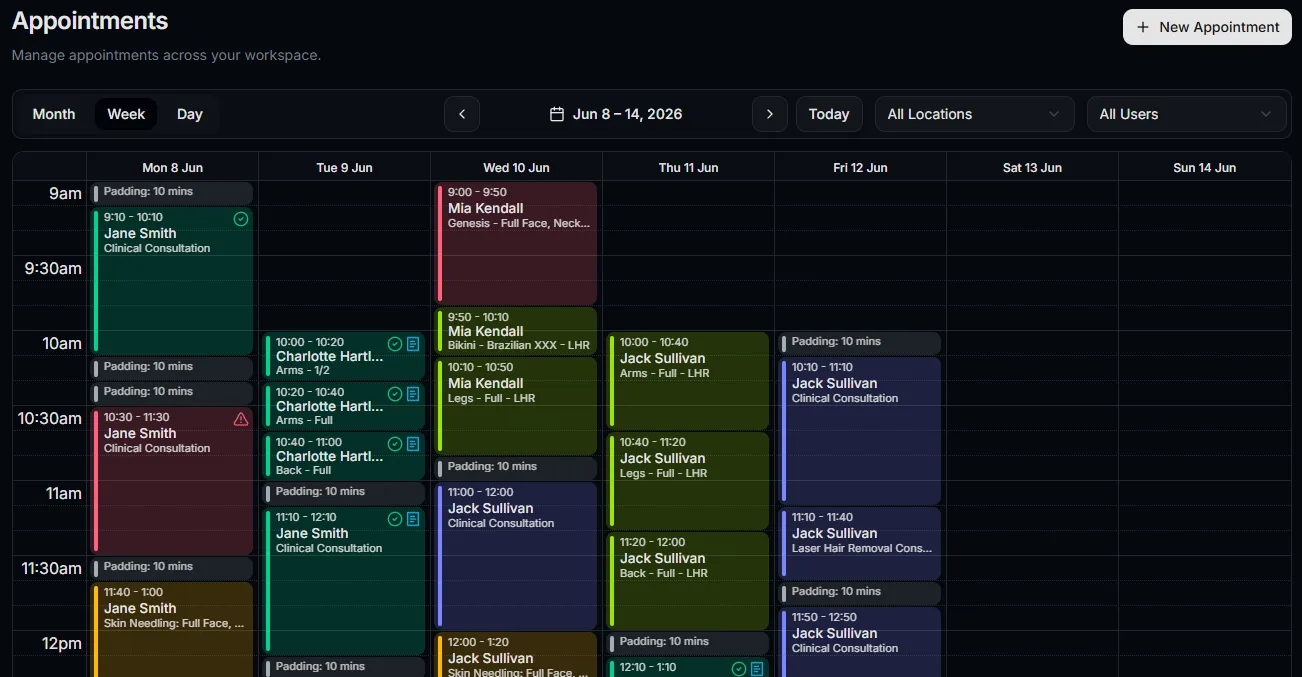 Appointment calendar showing daily treatment bookings and client schedule