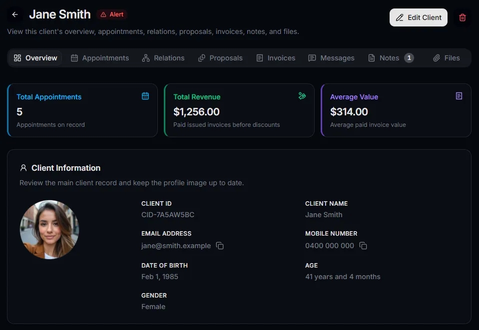 Client profile showing linked appointment history, invoices, and contact details